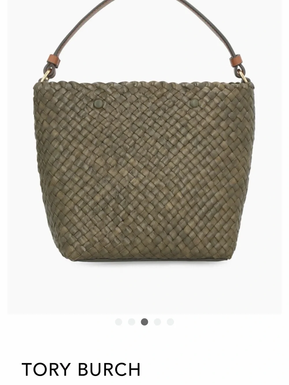 Tory Burch Brown trim Olive Woven Leather GOLD TONE BUCKET BAG